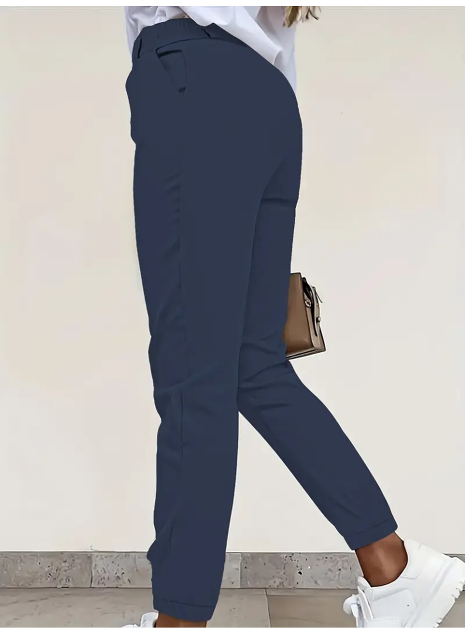 Kadın Yüksek Bel önden Düğmeli Cepli Bilek Lastik Detay Atlas Pantolon