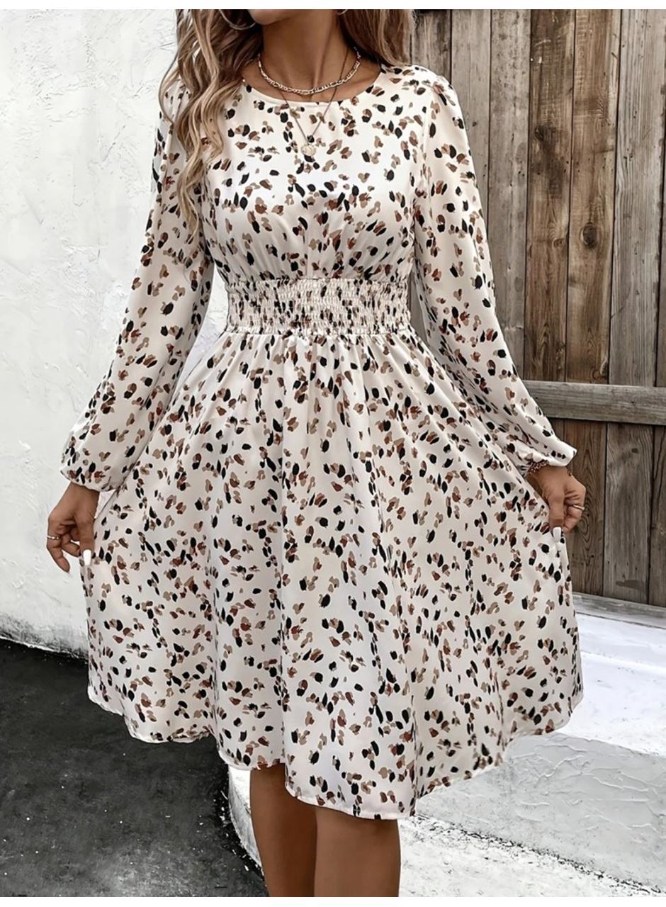 Kadın Uzun Kollu Bot Yaka Beli Lastikli Midi Süprem Elbise