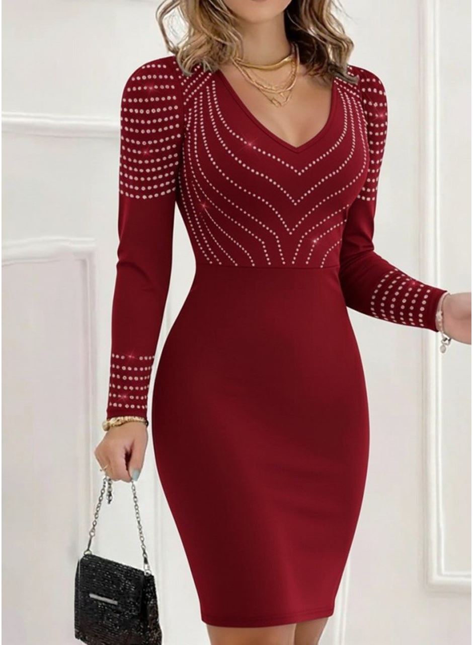 Kadın Uzun Kollu V Yakalı Taşlı Mini Ithal Krep Elbise