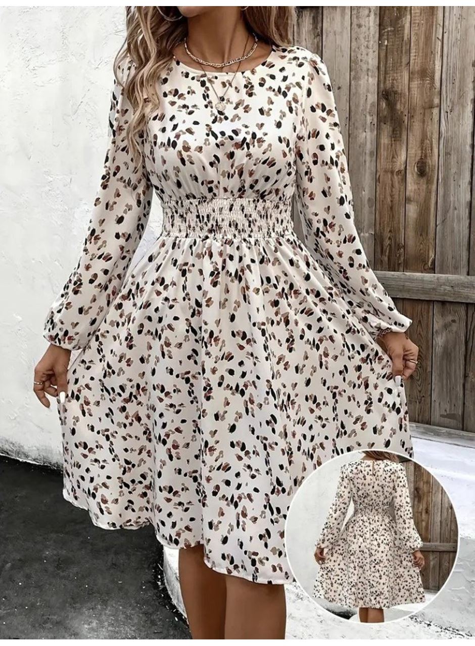 Kadın Uzun Kollu Bot Yaka Beli Lastikli Midi Süprem Elbise