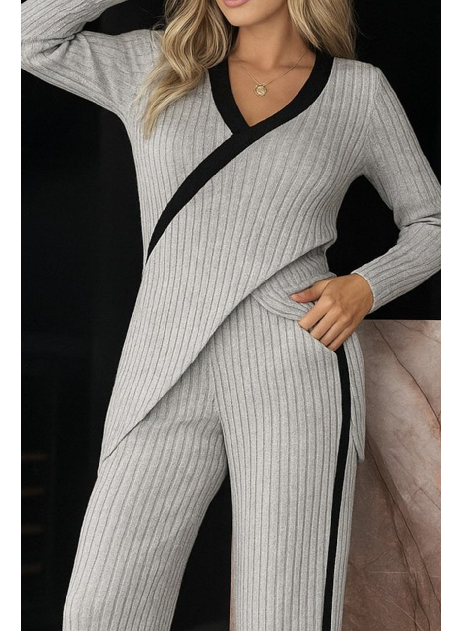 Kadın Uzun Kollu V Yakalı çapraz Detaylı şardonlu Kaşkorse Bluz Ve Pantolon Ikili Takım