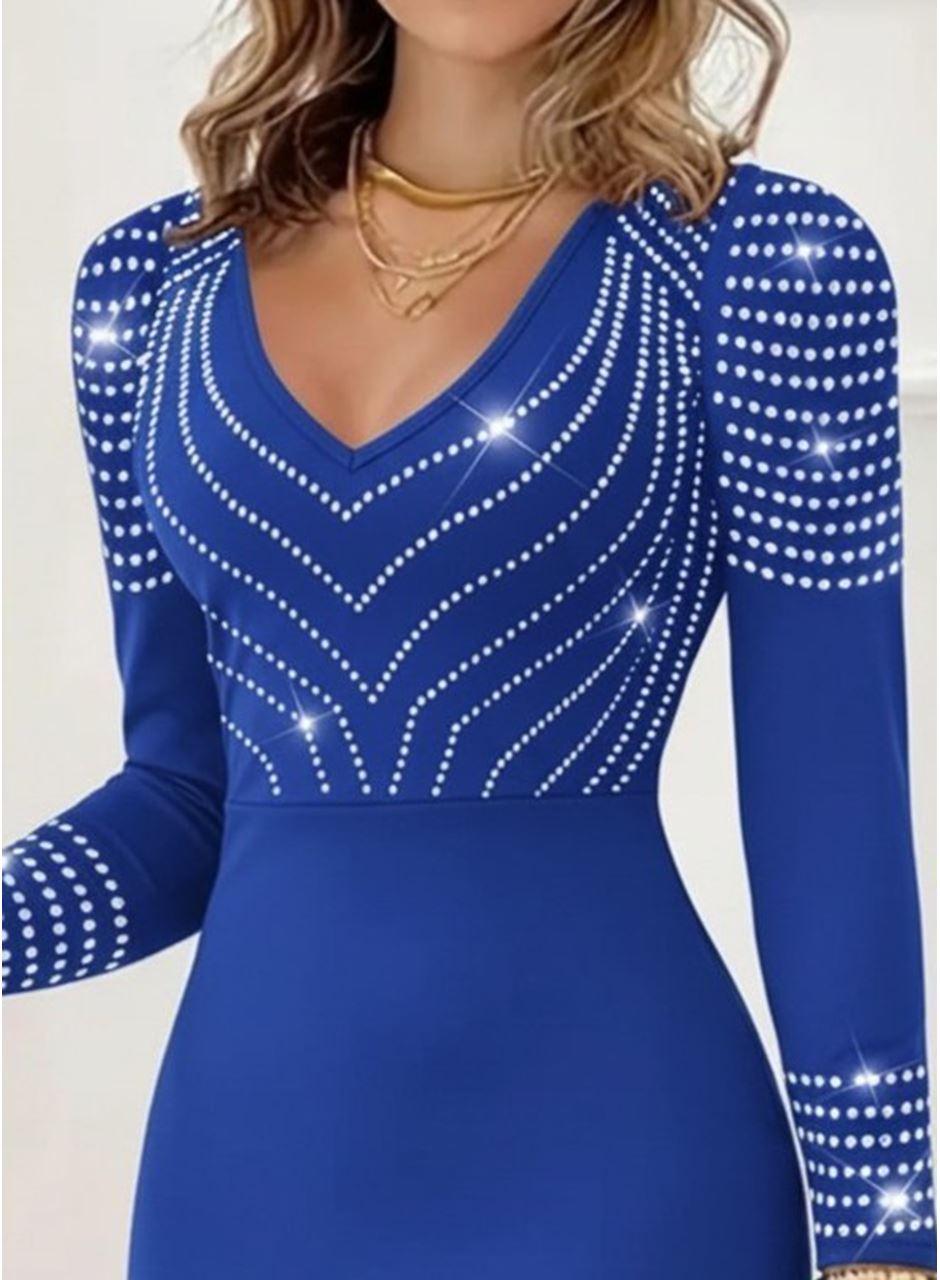 Kadın Uzun Kollu V Yakalı Taşlı Mini Ithal Krep Elbise