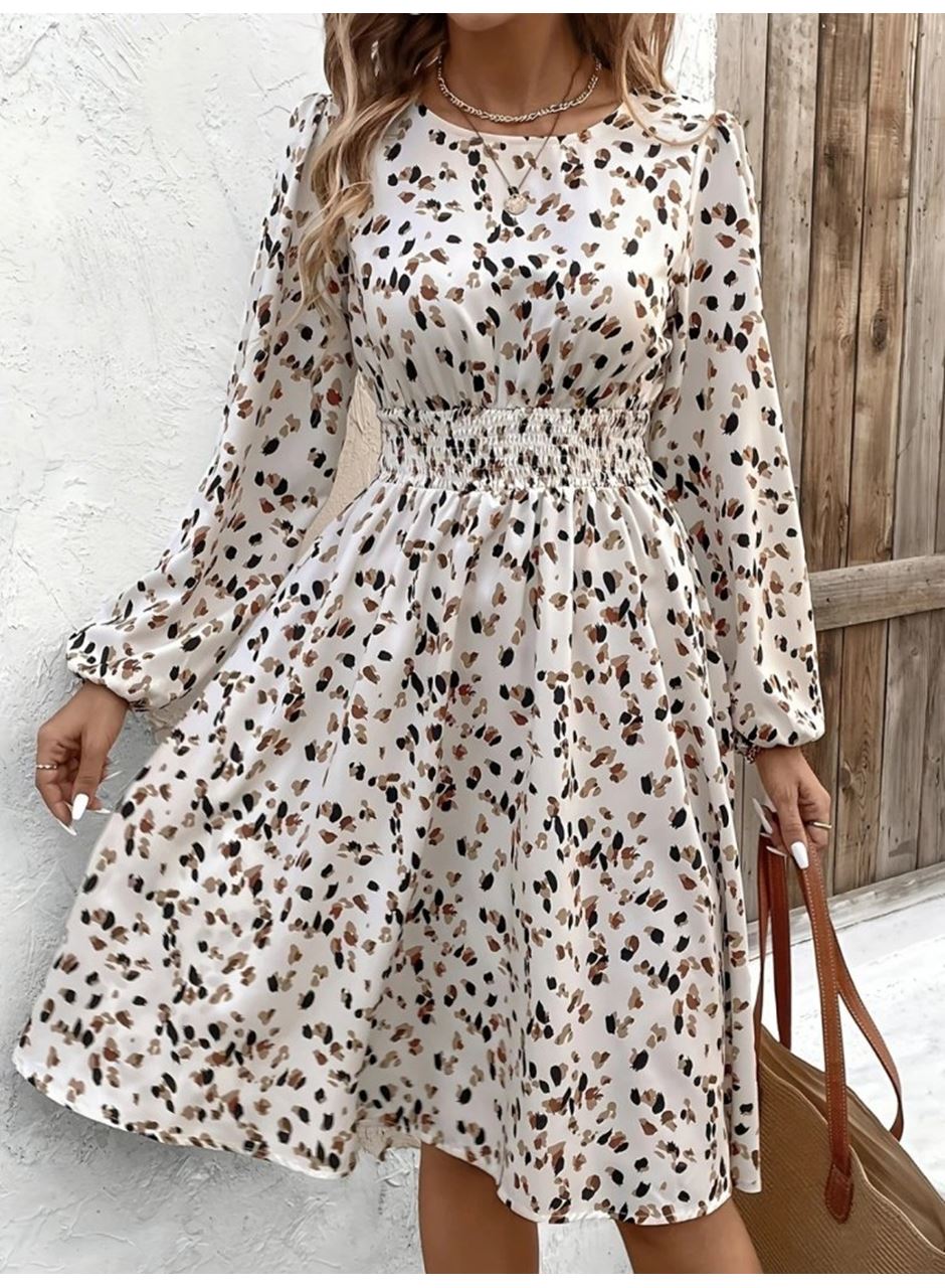 Kadın Uzun Kollu Bot Yaka Beli Lastikli Midi Süprem Elbise