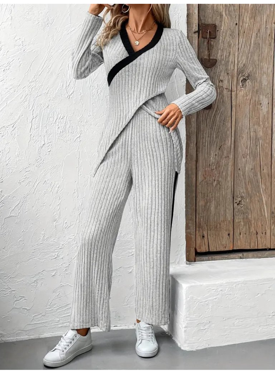 Kadın Uzun Kollu V Yakalı çapraz Detaylı şardonlu Kaşkorse Bluz Ve Pantolon Ikili Takım