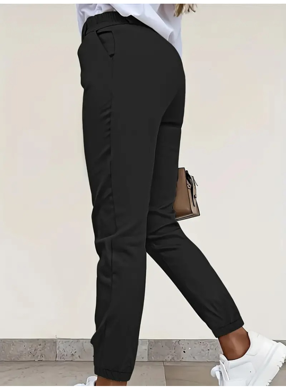 Kadın Yüksek Bel önden Düğmeli Cepli Bilek Lastik Detay Atlas Pantolon