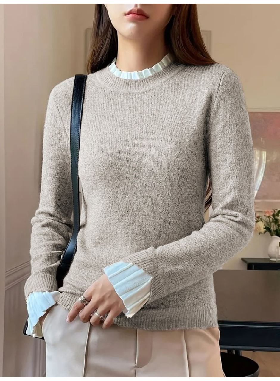 Kadın Uzun Kollu Fırfırlı Yakalı Triko Krem Bluz