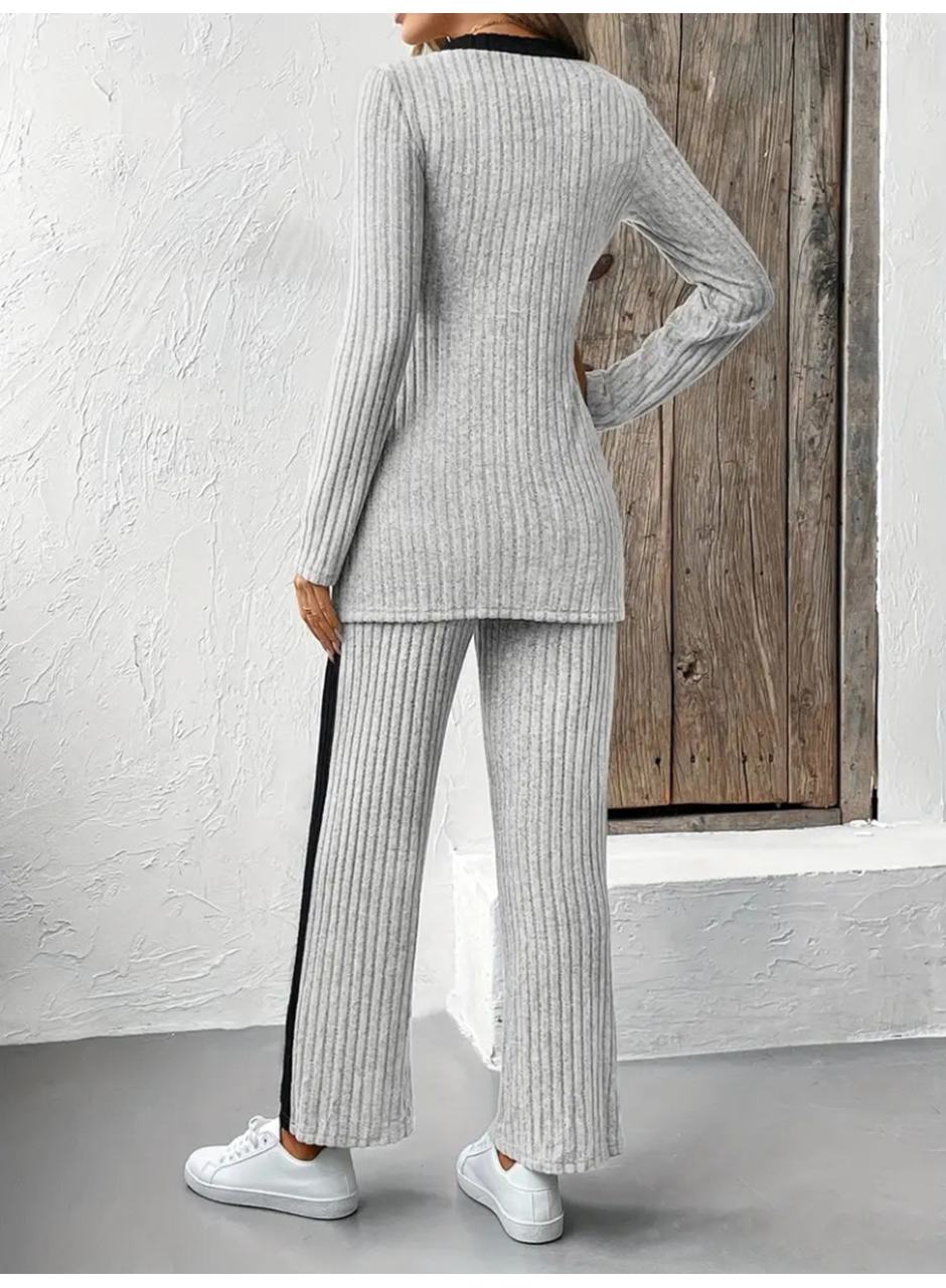 Kadın Uzun Kollu V Yakalı çapraz Detaylı şardonlu Kaşkorse Bluz Ve Pantolon Ikili Takım