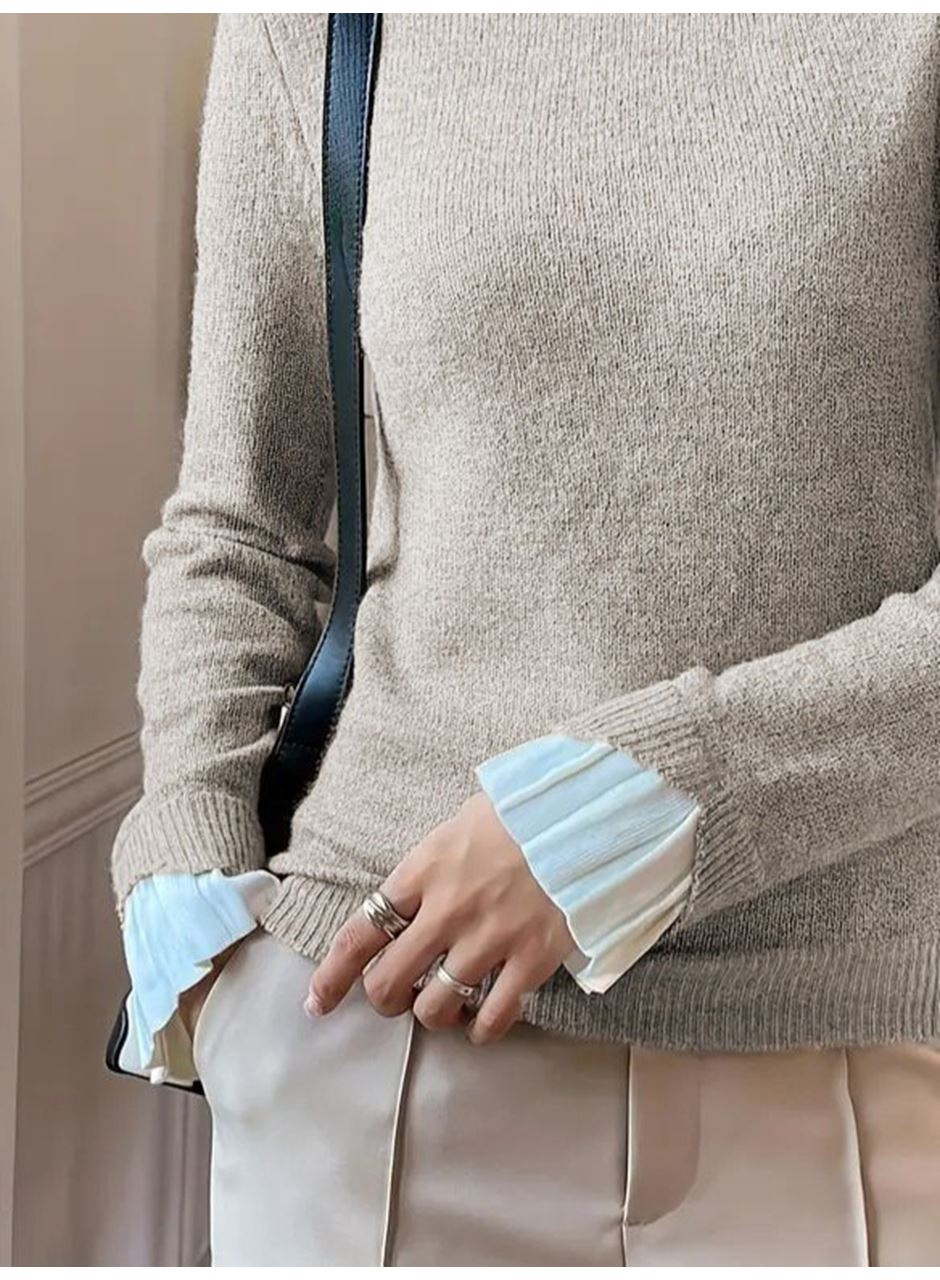 Kadın Uzun Kollu Fırfırlı Yakalı Triko Krem Bluz