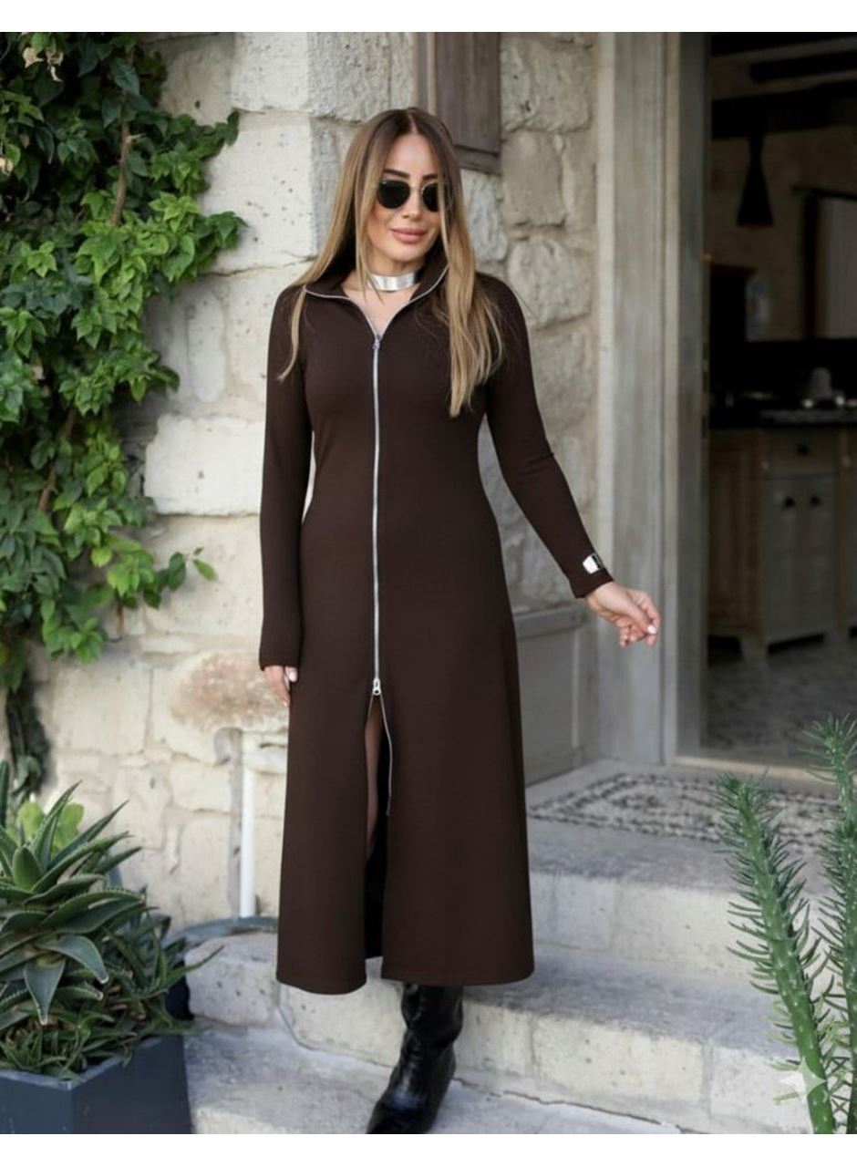 Kadın Uzun Kollu önden Fermuarlı Maxi Viskon Iki Iplik Elbise