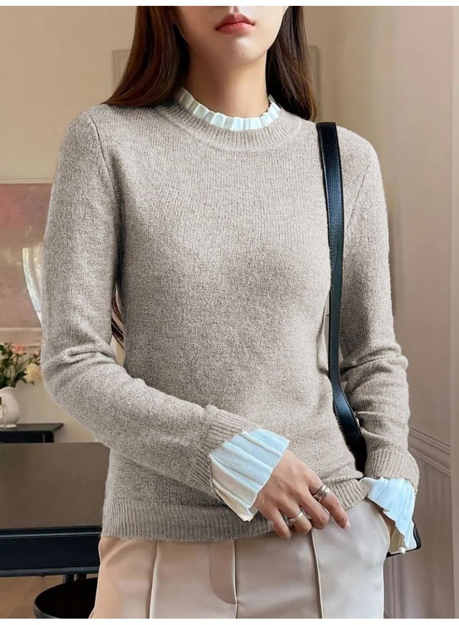 Kadın Uzun Kollu Fırfırlı Yakalı Triko Krem Bluz