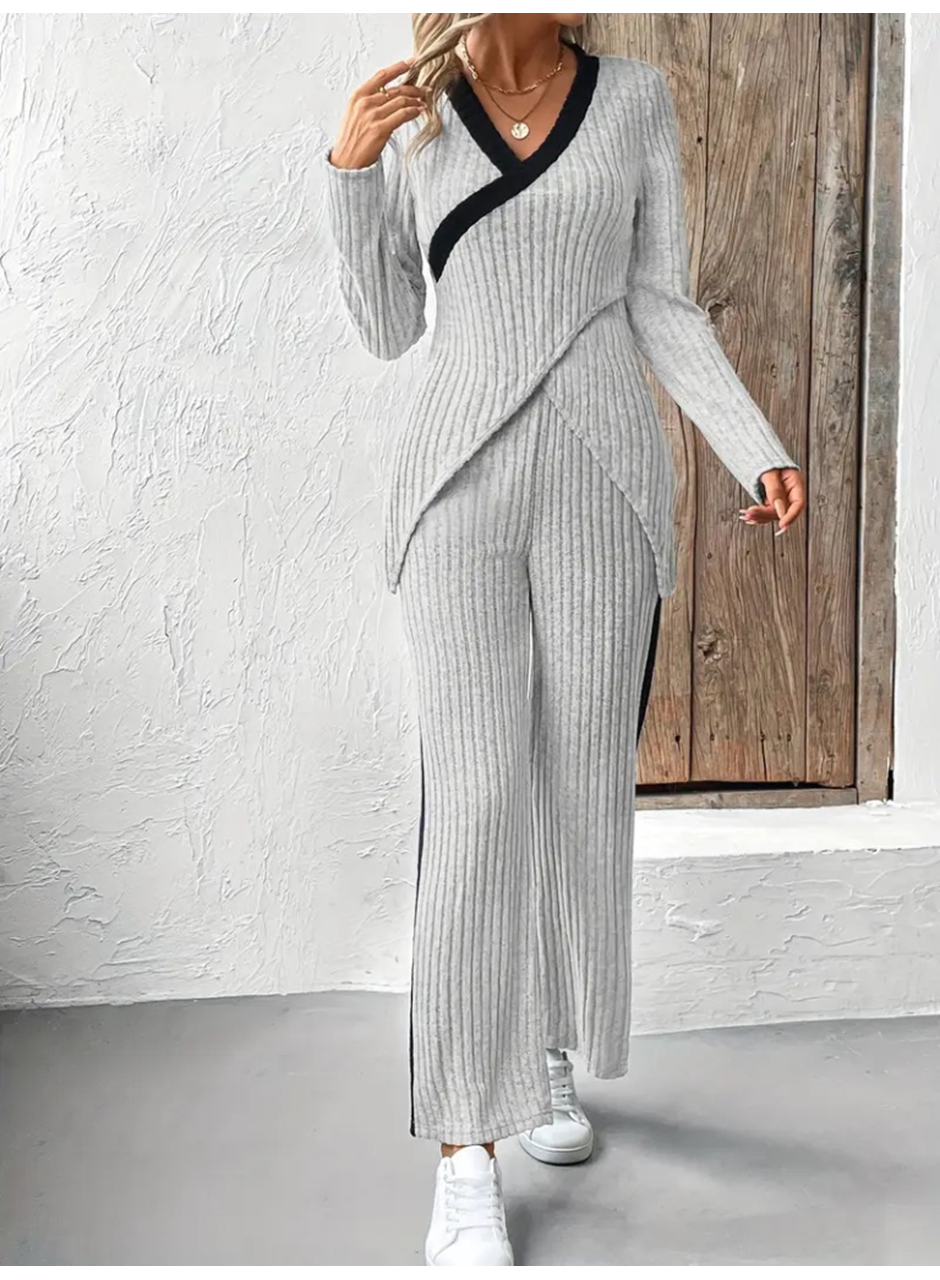 Kadın Uzun Kollu V Yakalı çapraz Detaylı şardonlu Kaşkorse Bluz Ve Pantolon Ikili Takım