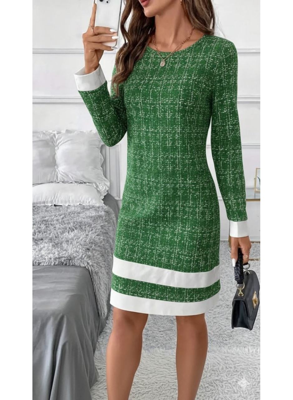 Kadın Uzun Kollu Yuvarlak Yaka Etek Ucu şerit Detaylı Mini Dokuma Elbise