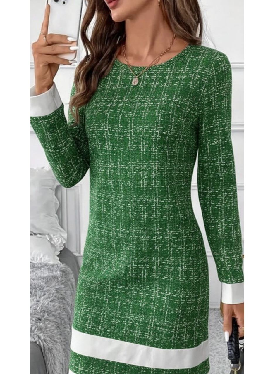 Kadın Uzun Kollu Yuvarlak Yaka Etek Ucu şerit Detaylı Mini Dokuma Elbise