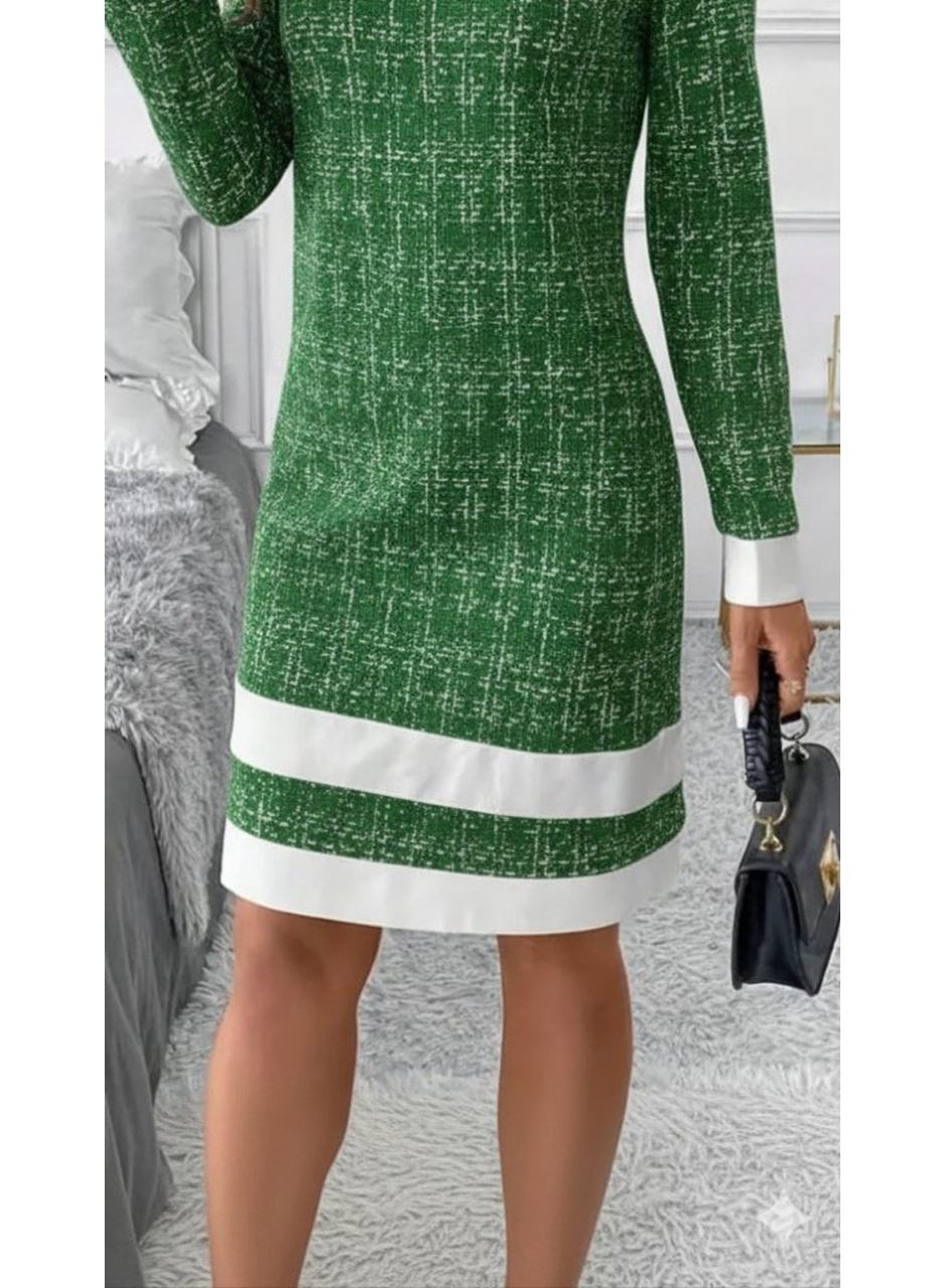 Kadın Uzun Kollu Yuvarlak Yaka Etek Ucu şerit Detaylı Mini Dokuma Elbise