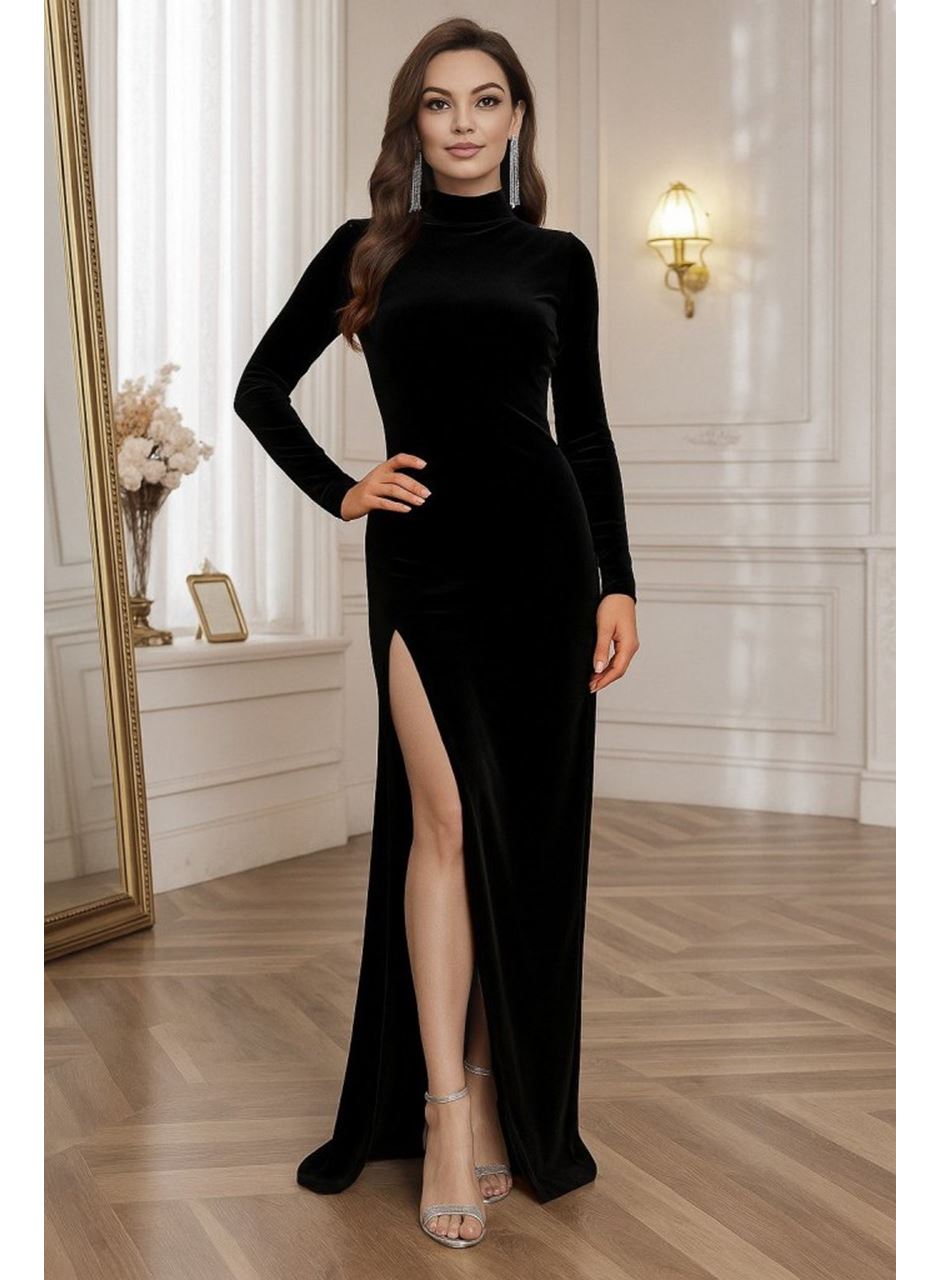 Kadın Uzun Kollu Yarım Balıkçı Yaka Derin Yırtmaç Detay Krep Tam Boy Elbise