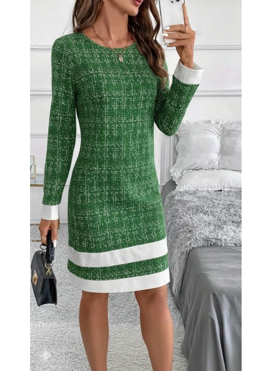 Kadın Uzun Kollu Yuvarlak Yaka Etek Ucu şerit Detaylı Mini Dokuma Elbise