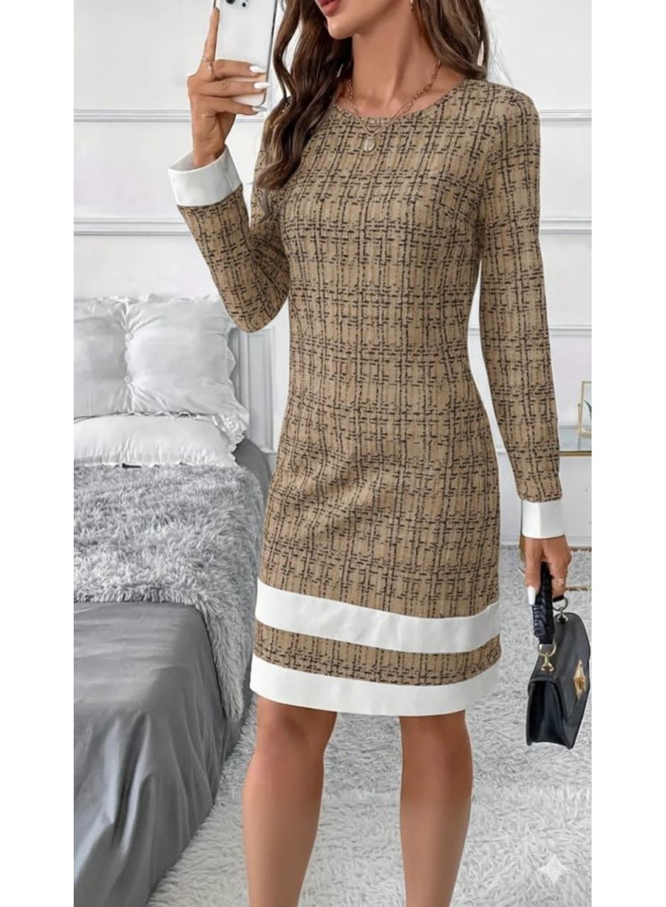 Kadın Uzun Kollu Yuvarlak Yaka Etek Ucu şerit Detaylı Mini Dokuma Elbise