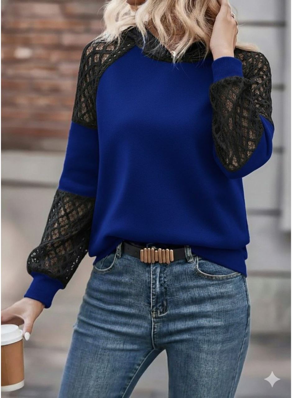 Kadın Uzun Kollu Dantelli Kapşonlu Viskon Iki Iplik Bluz