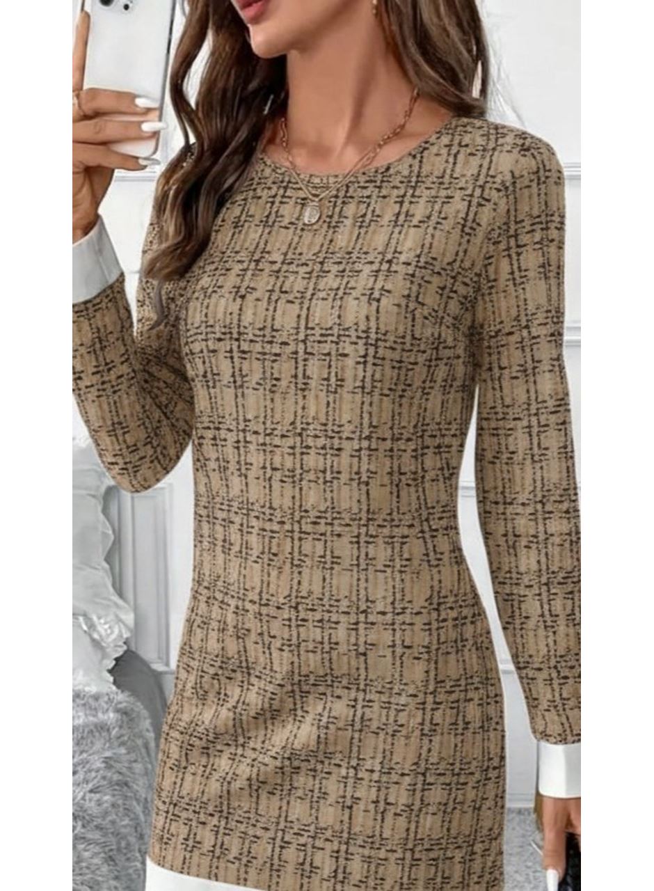 Kadın Uzun Kollu Yuvarlak Yaka Etek Ucu şerit Detaylı Mini Dokuma Elbise