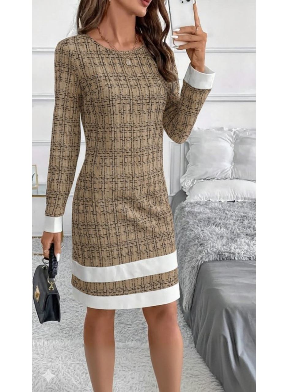 Kadın Uzun Kollu Yuvarlak Yaka Etek Ucu şerit Detaylı Mini Dokuma Elbise