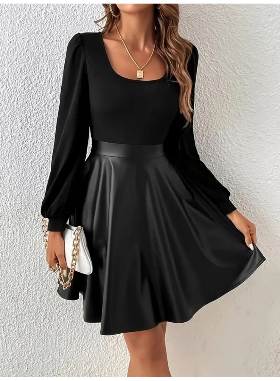 Kadın Uzun Kollu Kare Yaka üst Viskon Alt Deri Mini Elbise