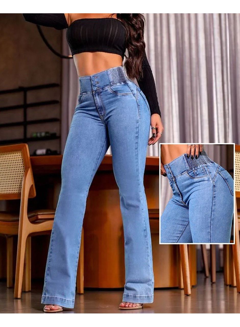 Kadın Yüksek Bel Yanları Lastik önü Düğmeli Kot Pantolon