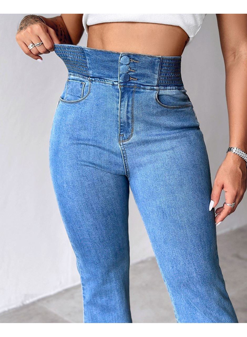 Kadın Yüksek Bel Yanları Lastik önü Düğmeli Kot Pantolon