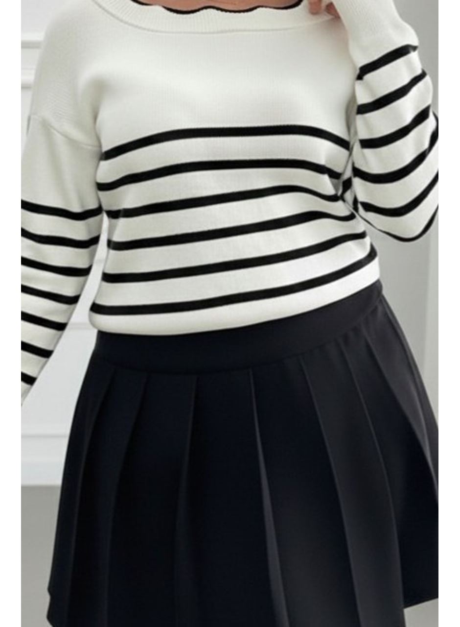 Kadın Beyaz Sırt Bağlama Detaylı çizgi Desen Triko Bluz