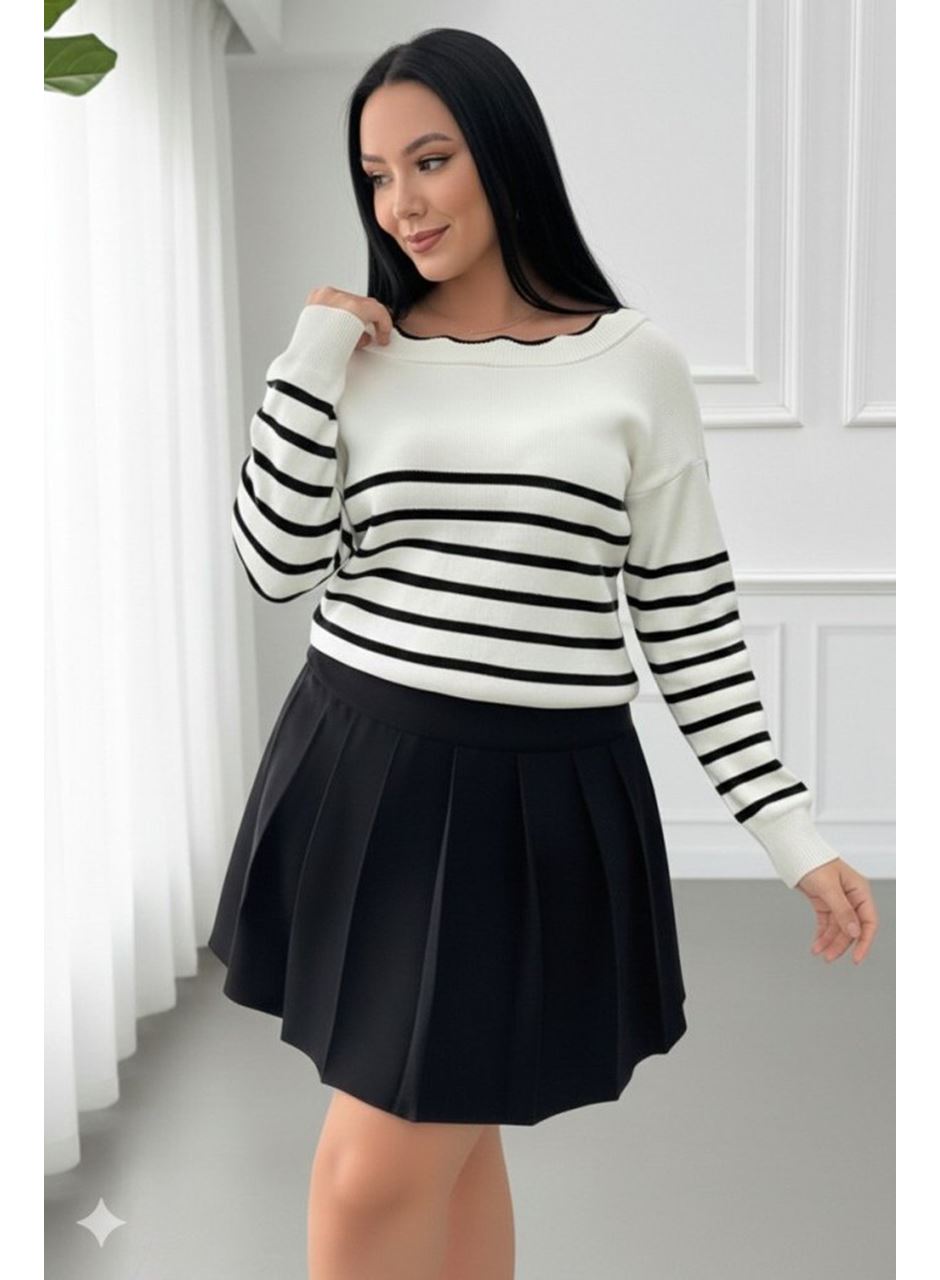 Kadın Beyaz Sırt Bağlama Detaylı çizgi Desen Triko Bluz