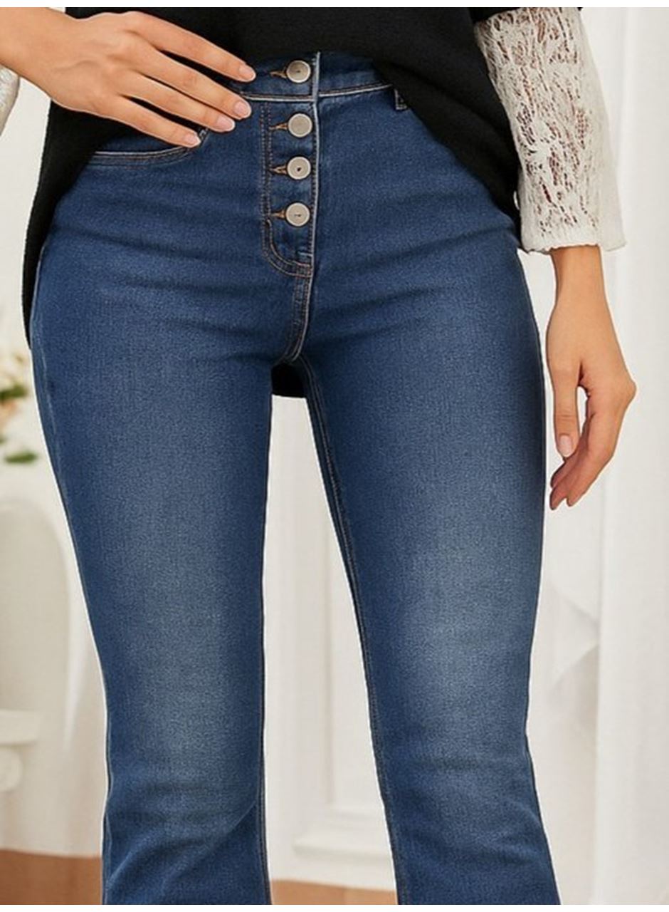 Kadın Yüksek Bel önden Düğmeli Cep Detay Ispanyol Paça Denim Pantolon