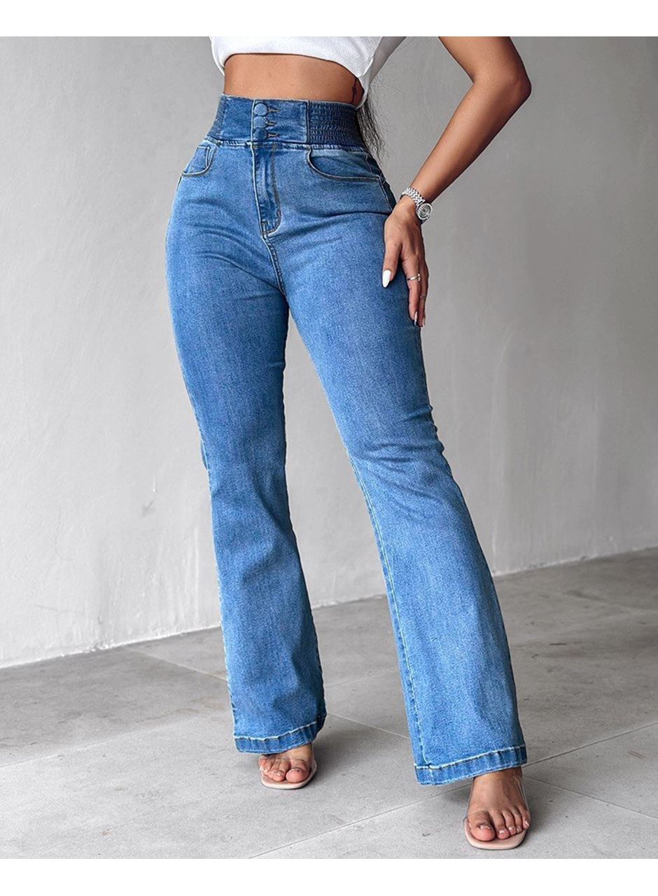 Kadın Yüksek Bel Yanları Lastik önü Düğmeli Kot Pantolon