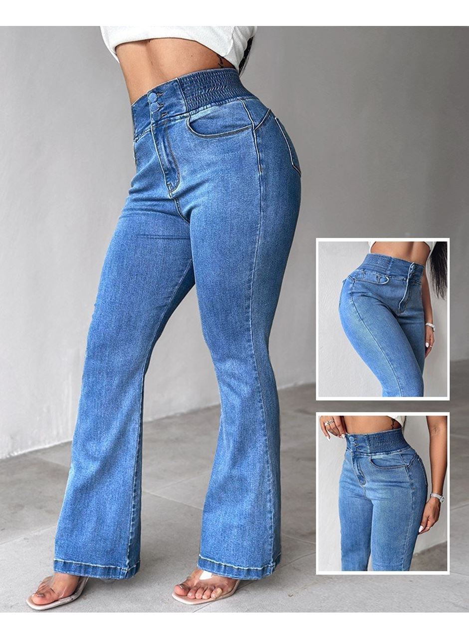 Kadın Yüksek Bel Yanları Lastik önü Düğmeli Kot Pantolon