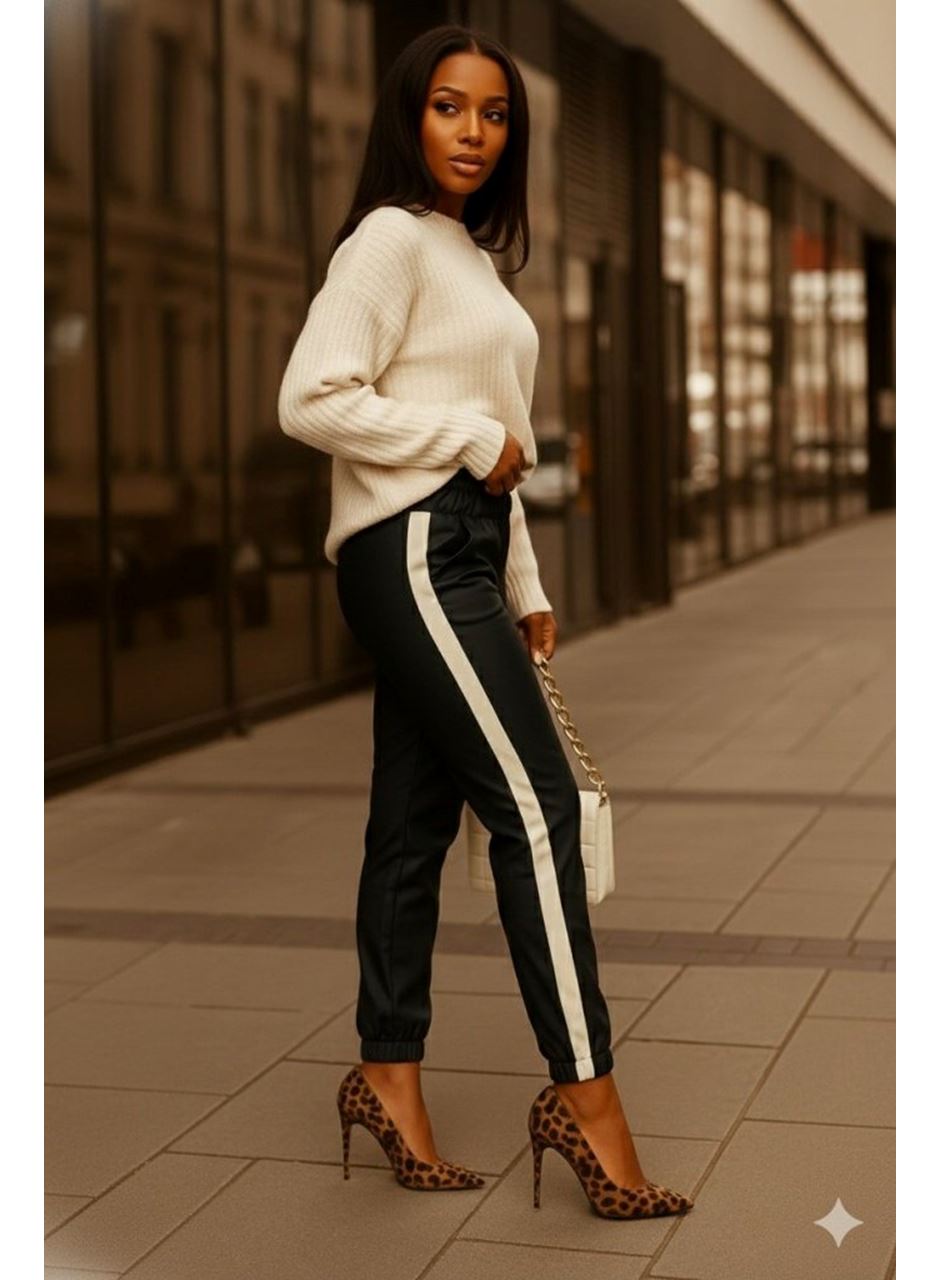 Kadın Yüksek Bel Lastikli Yan şerit Detaylı Deri Pantolon