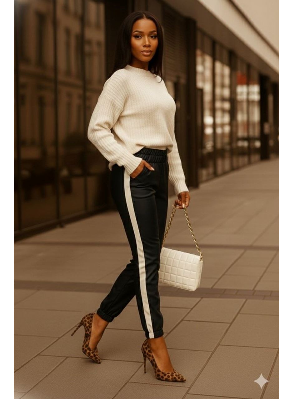 Kadın Yüksek Bel Lastikli Yan şerit Detaylı Deri Pantolon