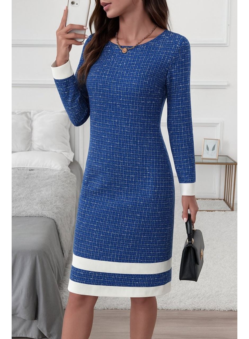 Kadın Uzun Kollu Yuvarlak Yaka Etek Ucu şerit Detaylı Mini Dokuma Elbise