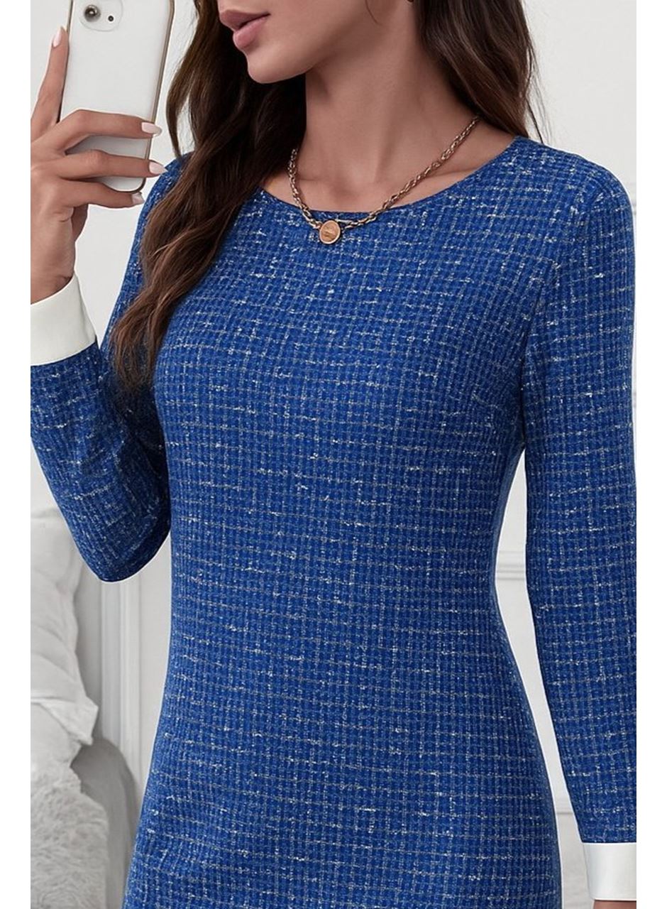 Kadın Uzun Kollu Yuvarlak Yaka Etek Ucu şerit Detaylı Mini Dokuma Elbise