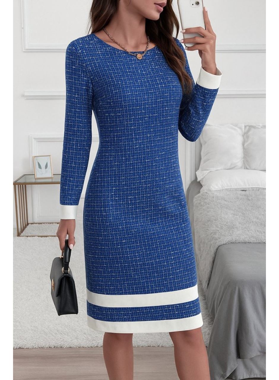 Kadın Uzun Kollu Yuvarlak Yaka Etek Ucu şerit Detaylı Mini Dokuma Elbise