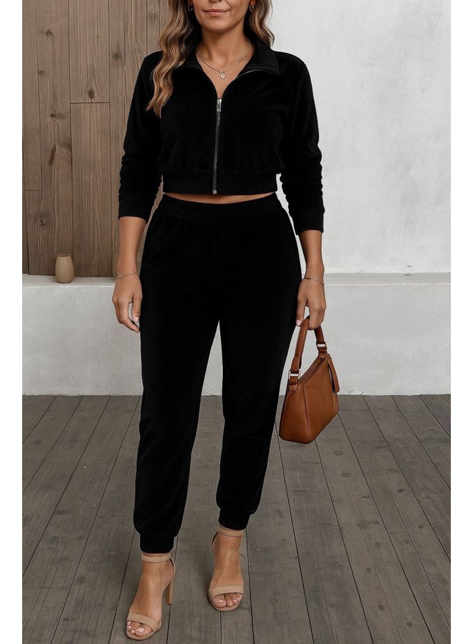 Kadın Uzun Kollu önden Fermuarlı Krop Kadife Ceket Ve Pantolon Ikili Takım