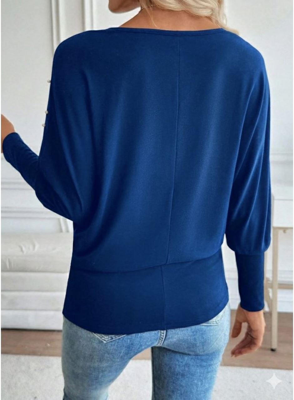 Kadın Uzun Kollu Yuvarlak Yaka Incili Viskon Bluz