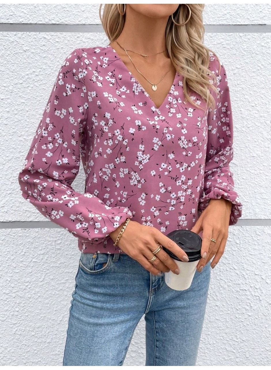 Kadın Uzun Kollu V Yakalı çiçek Desenli Modal Bluz