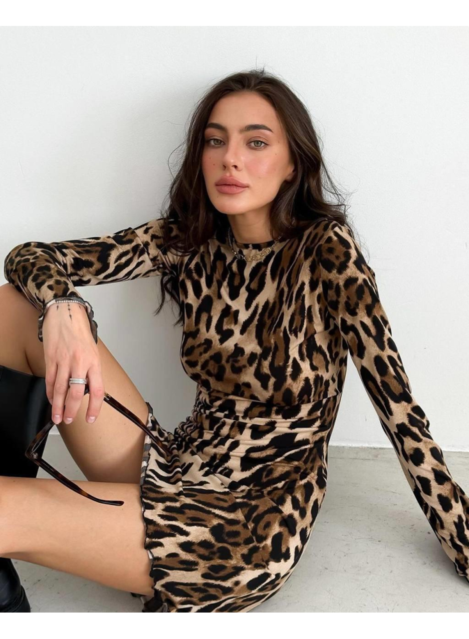 Kadın Uzun Kollu Sırtı Açık Bağlamalı Leopar Desenli Kısa Dalgıç Elbise