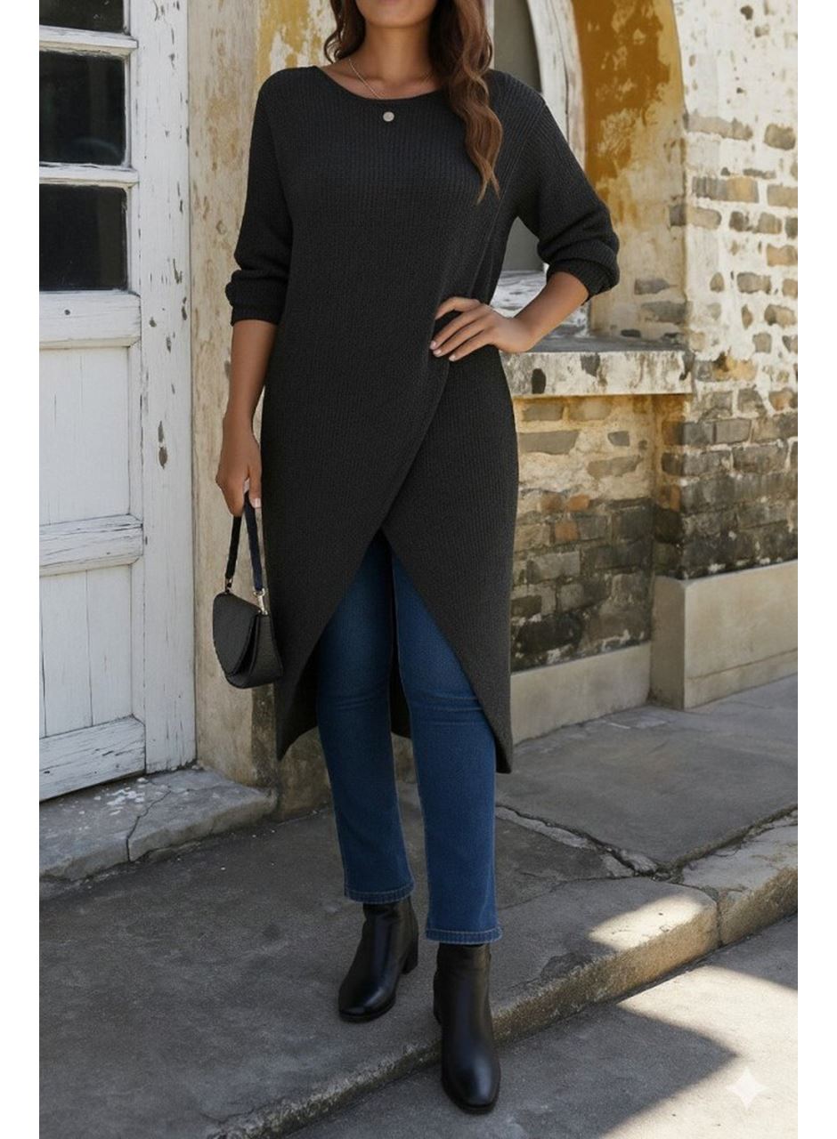 Kadın Uzun Kollu Bisiklet Yakalı önden çapraz Kesim Detaylı Midi Triko Elbise