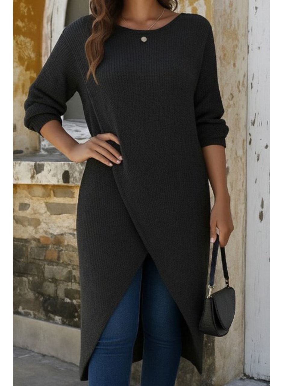 Kadın Uzun Kollu Bisiklet Yakalı önden çapraz Kesim Detaylı Midi Triko Elbise