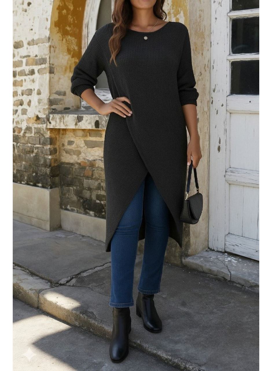 Kadın Uzun Kollu Bisiklet Yakalı önden çapraz Kesim Detaylı Midi Triko Elbise