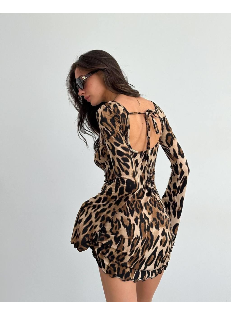 Kadın Uzun Kollu Sırtı Açık Bağlamalı Leopar Desenli Kısa Dalgıç Elbise
