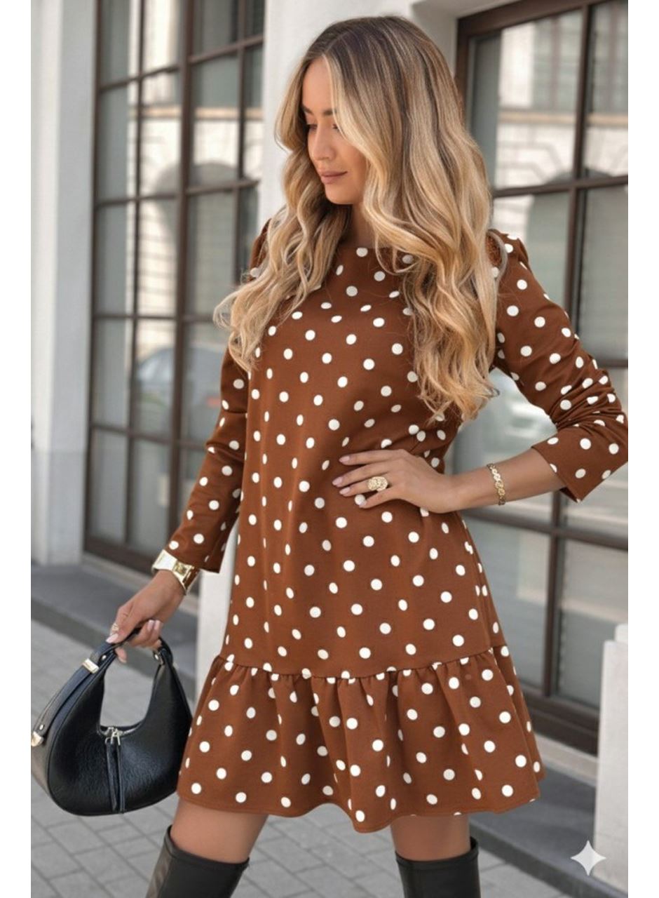 Kadın Uzun Kollu Bisiklet Yaka Fırfırlı Puantiyeli Kısa Modal Elbise