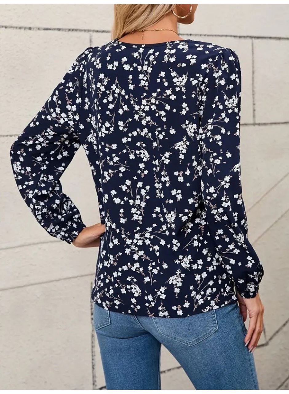Kadın Uzun Kollu V Yakalı çiçek Desenli Modal Bluz