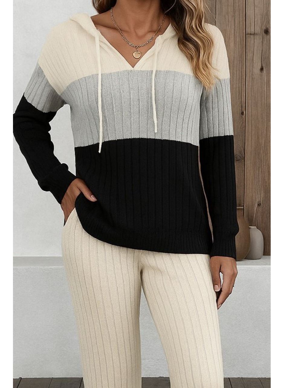 Kadın Uzun Kollu Kapşonlu Bağcıklı Blok Renkli şardonlu Kaşkorse Bluz Ve Pantolon Ikili Takım