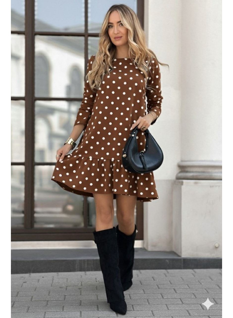 Kadın Uzun Kollu Bisiklet Yaka Fırfırlı Puantiyeli Kısa Modal Elbise