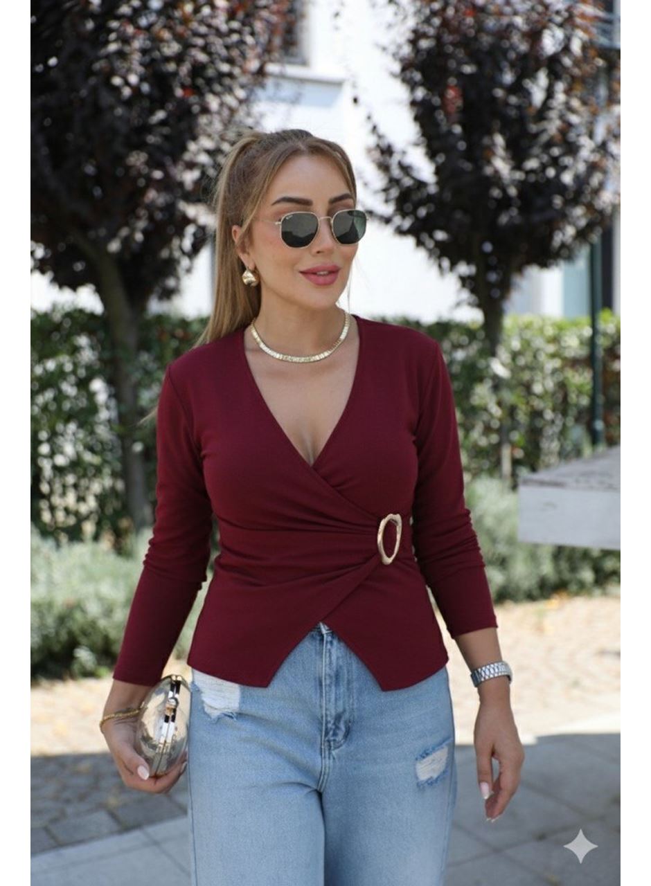 Kadın Uzun Kollu Kruvaze Yakalı Toka Detaylı Viskon Bluz